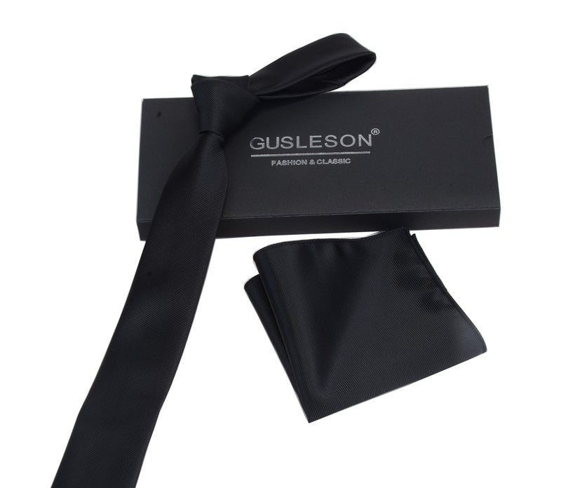 GUSLESON 2.4" Slim Tie and Pocket Square Set For Men Solid Skinny Necktie (0754-01) - Image 2